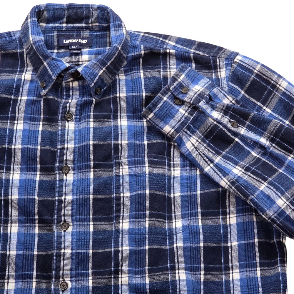 Lands End Mens Flannel Shirt XL/T Blue‎ Plaid Button Up Long Sleeve Cotton
